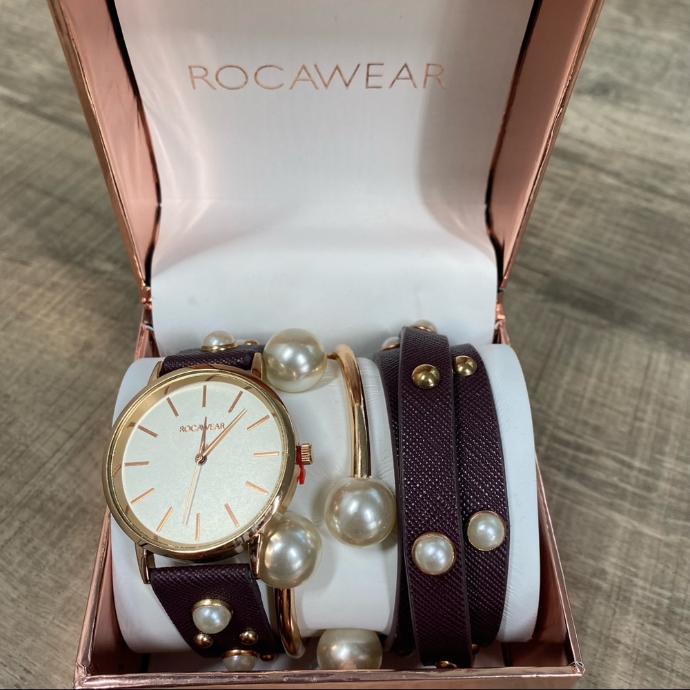 Rocawear gold and Pearl bracelet and watch costume jewelry set